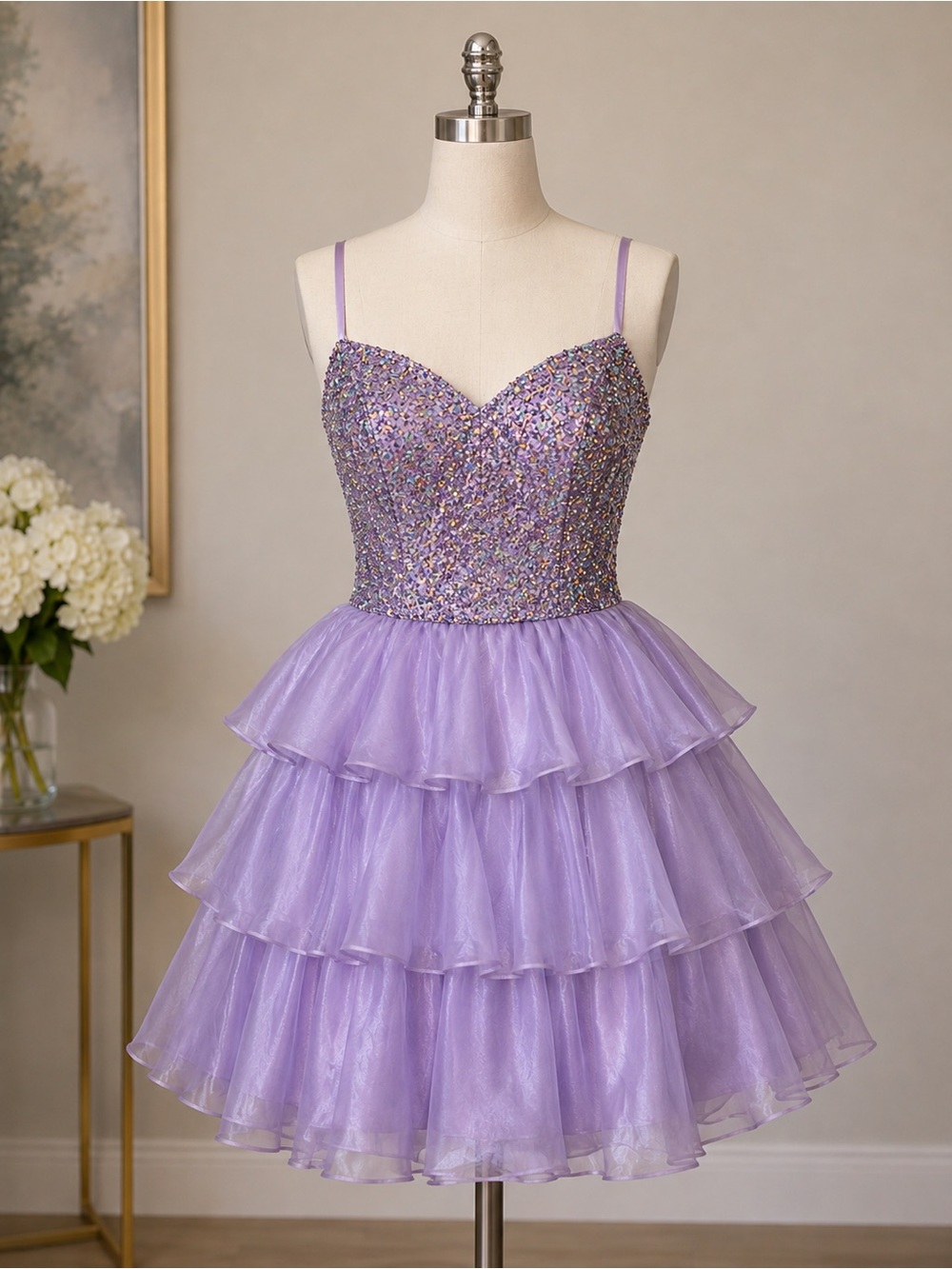 Lilac Beaded Tiered Mini Dress